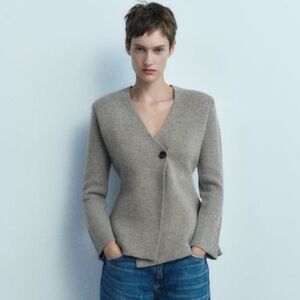Zara Neutral Taupe Flared V-Neck Jacket